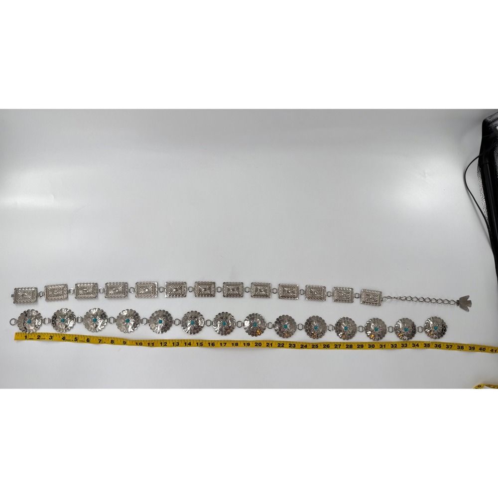 Unbranded Concho Chain Belt Set Women OS Silver Good Turquoise Thunderbird Boho - Picture 4 of 5